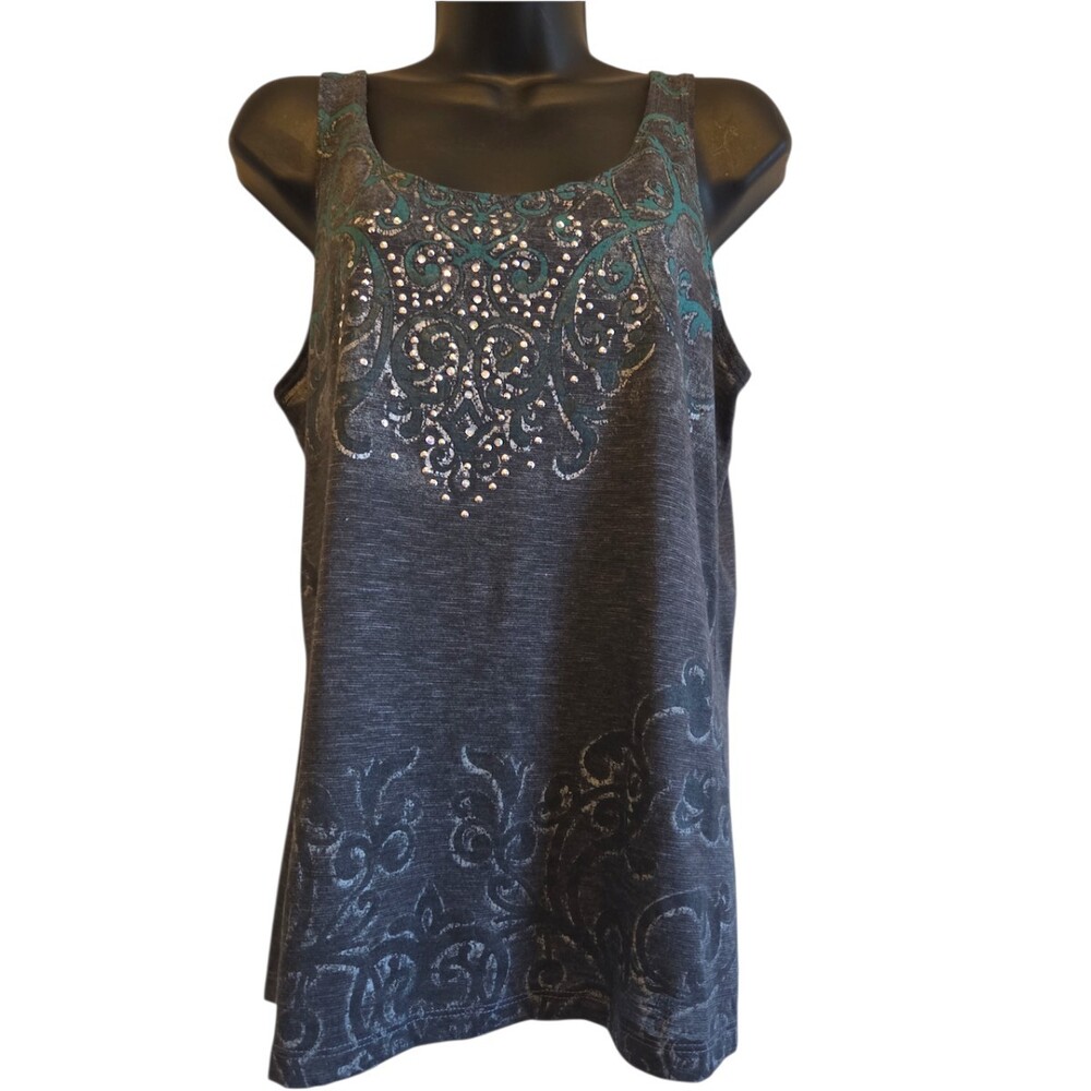 Vanity Large Dark Gray Tank Top with Lace Panel and Rhinestone Detail